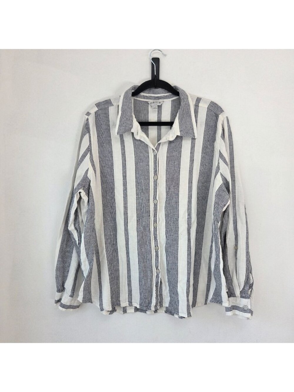Orvis Linen Blend Striped Button Up Shirt Blouse Roll Tab Sleeves Nautical XXL